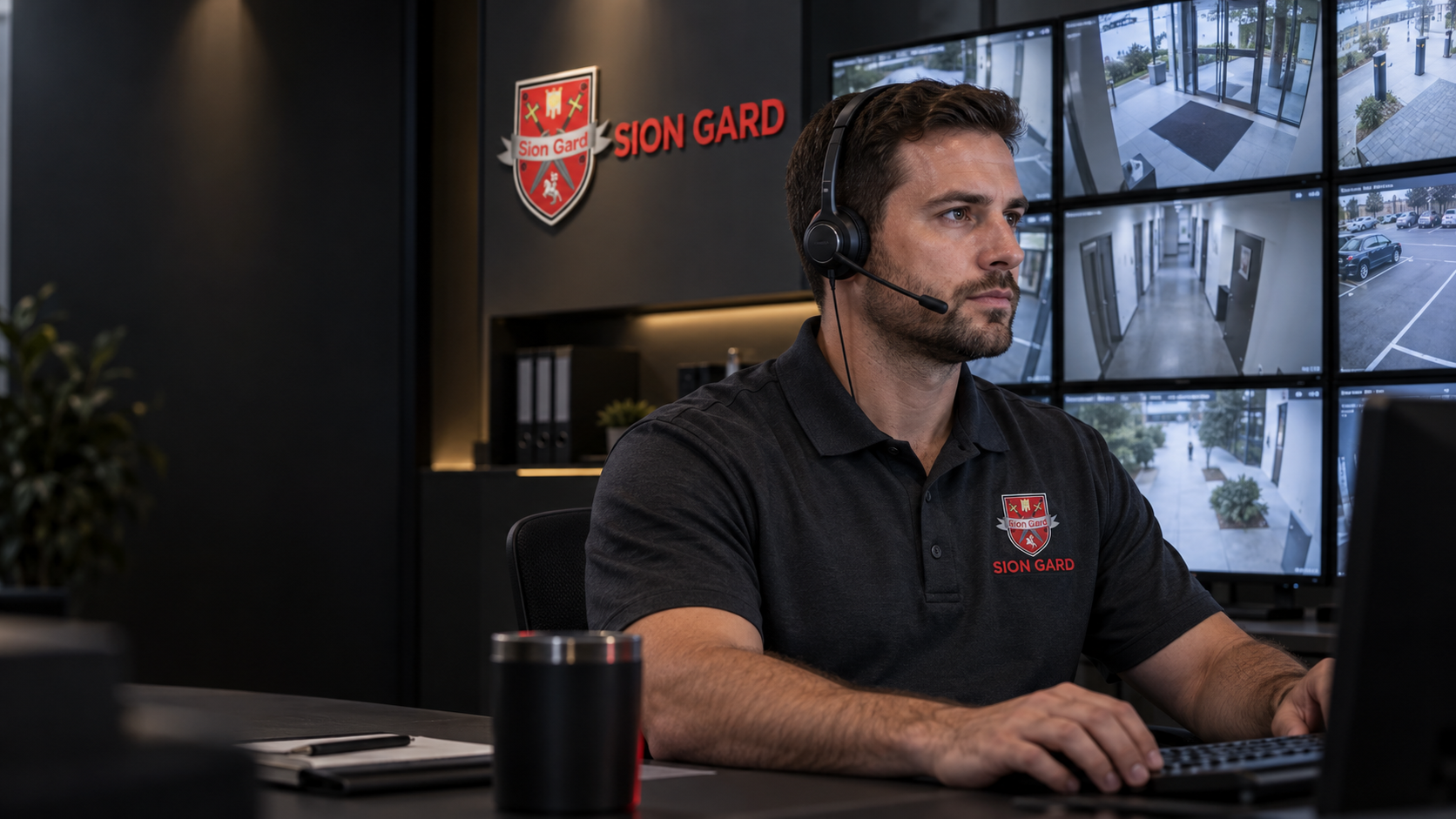 SION Gard — AI illustration of a monitoring center operator with a logo on their uniform