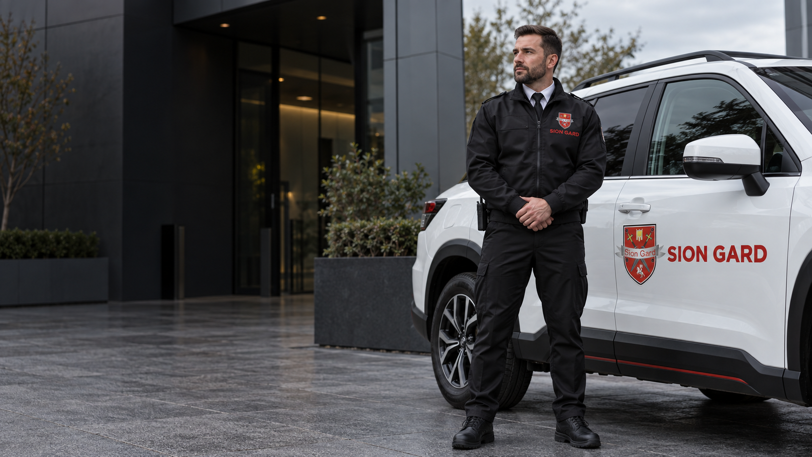 SION Gard — AI illustration of a mobile patrol with a branded vehicle