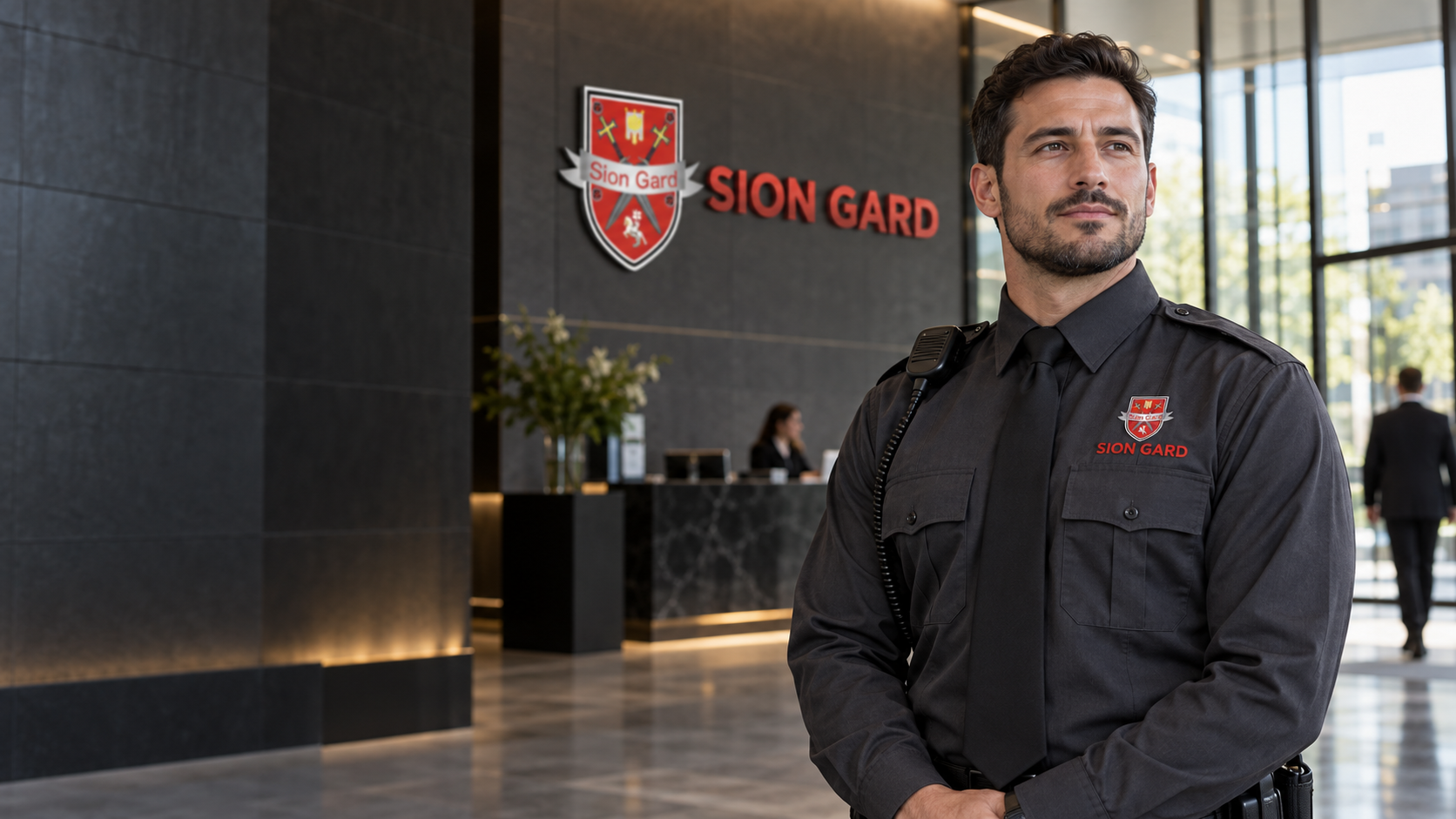 SION Gard — AI illustration of a security officer in business premises with a logo on their uniform